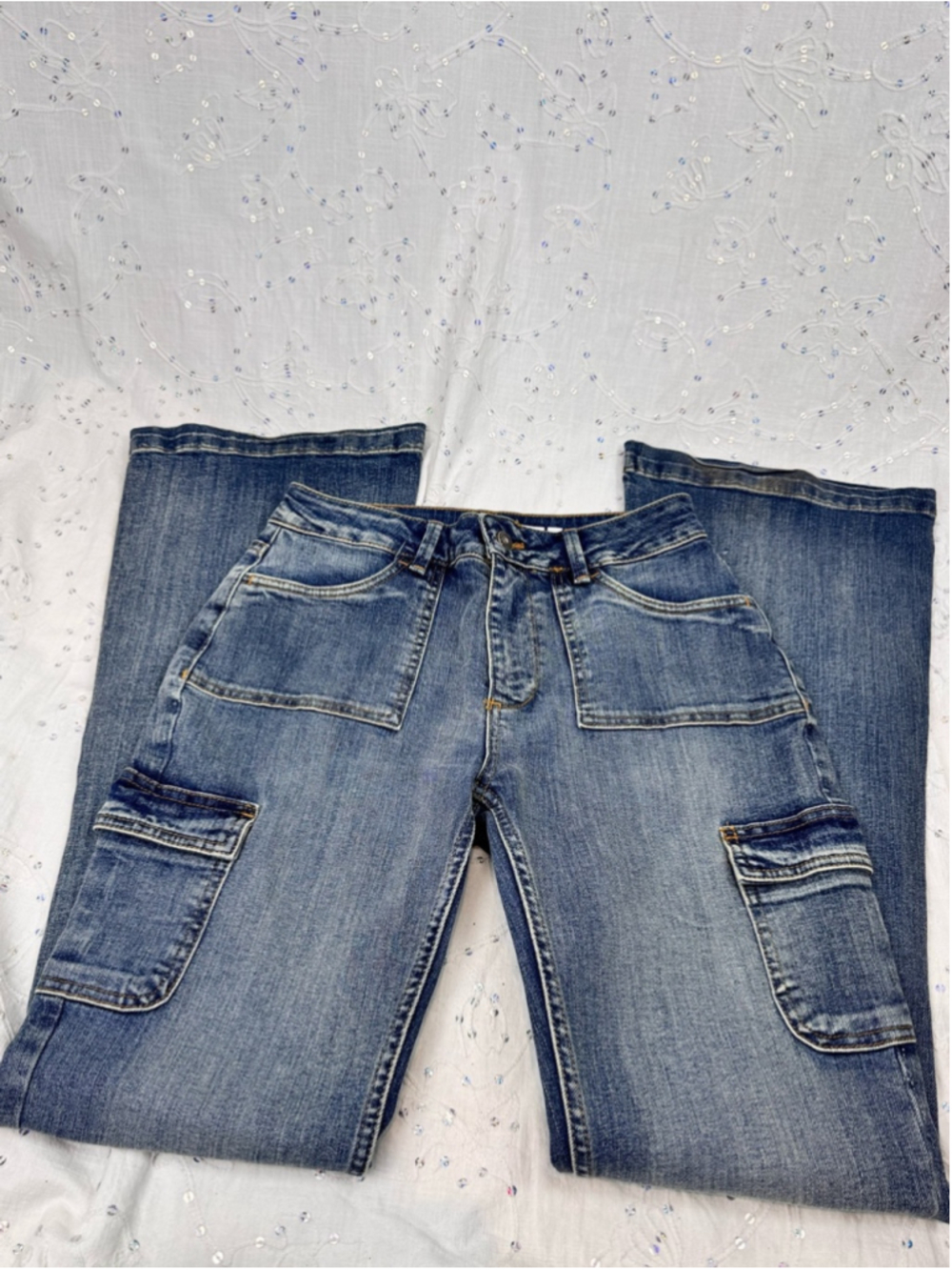 Subdued Soft Flare Cargo Jeans | Mid-Rise Utility Denim | Y2K Style | Size 28 US
